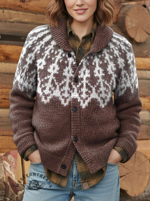 Retro Ethnic Pattern Print Knit V-neck Pullover Sweater