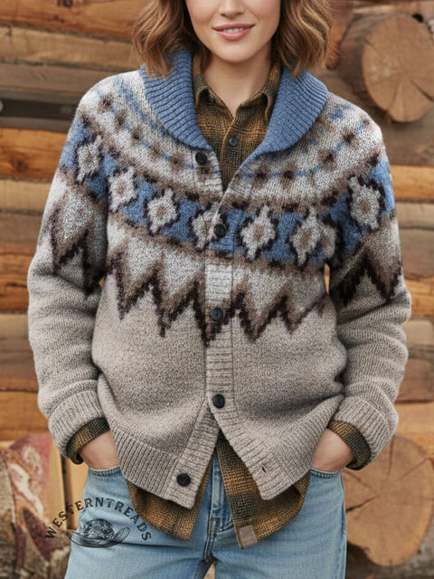 Retro Ethnic Pattern Print Knit V-neck Pullover Sweater