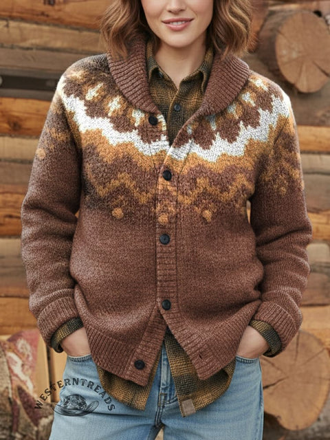 Retro Ethnic Pattern Print Knit V-neck Pullover Sweater
