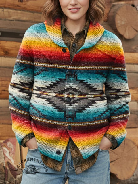 Retro Ethnic Pattern Print Knit V-neck Pullover Sweater