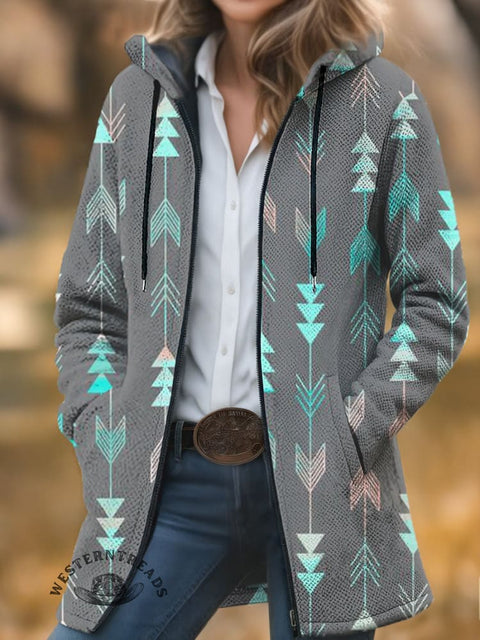 Retro Ethnic Pattern Print Unisex Plush Thick Long-Sleeved Cardigan Coat