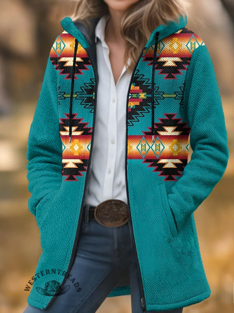 Retro Ethnic Pattern Print Unisex Plush Thick Long-Sleeved Cardigan Coat