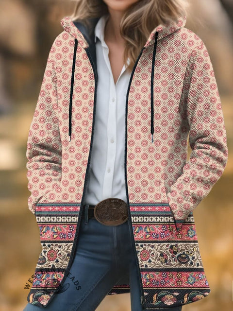 Retro Ethnic Pattern Print Unisex Plush Thick Long-Sleeved Cardigan Coat