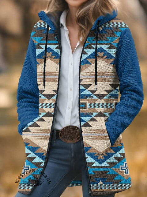 Retro Ethnic Pattern Print Unisex Plush Thick Long-Sleeved Cardigan Coat