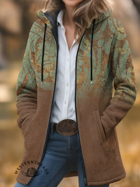 Retro Ethnic Pattern Print Unisex Plush Thick Long-Sleeved Cardigan Coat