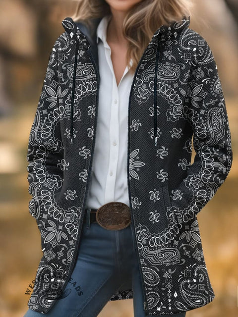 Retro Ethnic Pattern Print Unisex Plush Thick Long-Sleeved Cardigan Coat