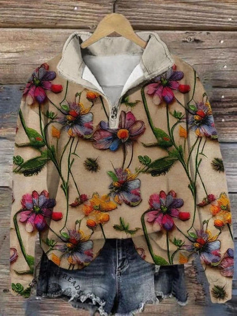 Flowers Art Casual Long Sleeve Zip Sweatshirt