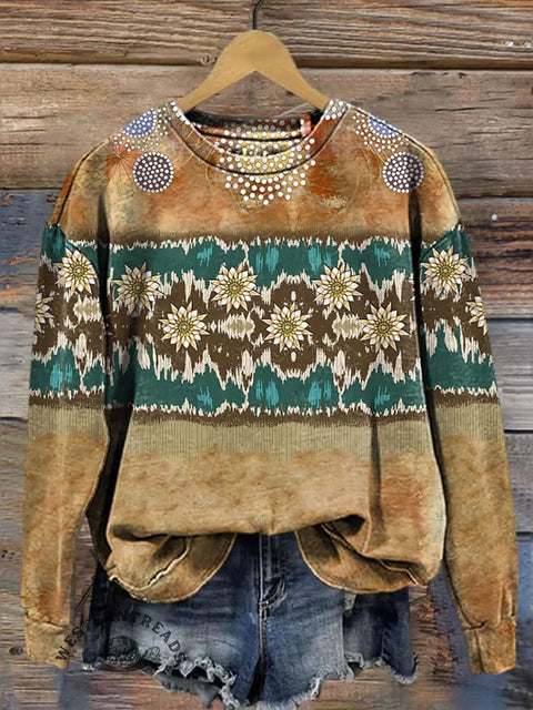 Retro Ethnic Pattern Print Casual Cotton Sweatshirt