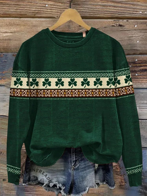Retro Four-leaf Clover Pattern Print Casual Cotton Sweatshirt