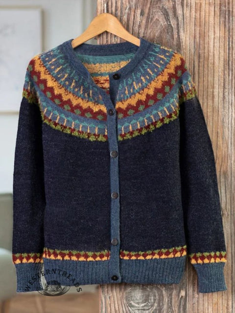 Retro Ethnic Pattern Print Buttoned Cardigan Sweater