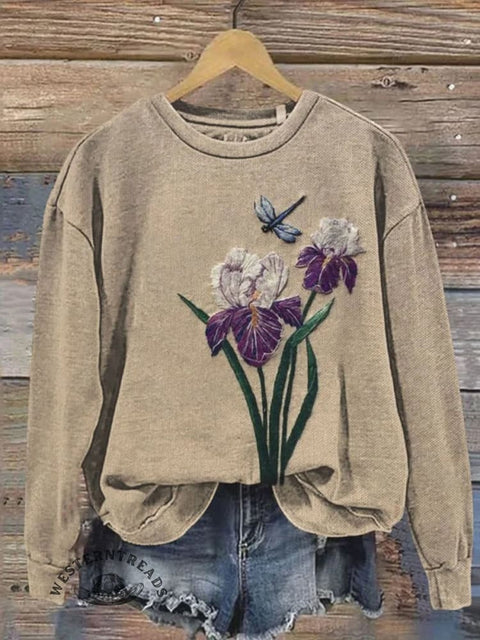Retro Flowers Pattern Print Casual Cotton Sweatshirt