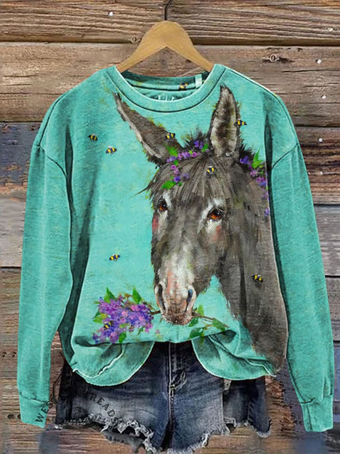 Retro Donkey Holding A Flower Pattern Print Casual Cotton Sweatshirt