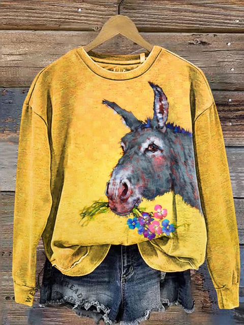 Retro Donkey Holding A Flower Pattern Print Casual Cotton Sweatshirt