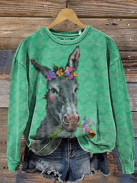 Retro Donkey Holding A Flower Pattern Print Casual Cotton Sweatshirt