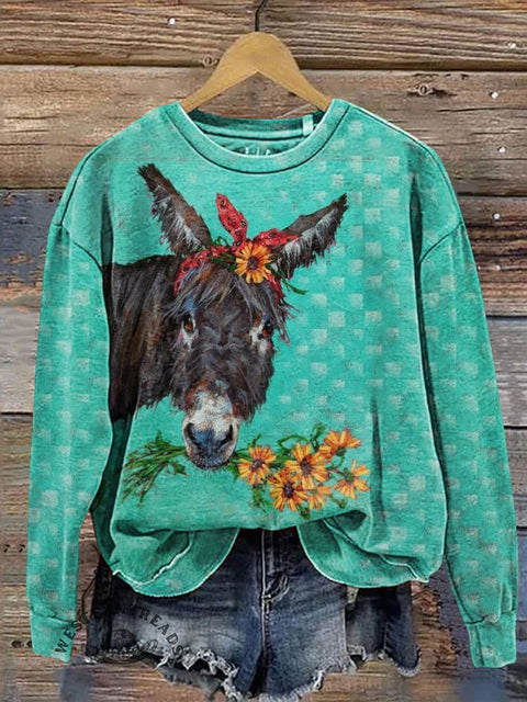Retro Donkey Holding A Flower Pattern Print Casual Cotton Sweatshirt