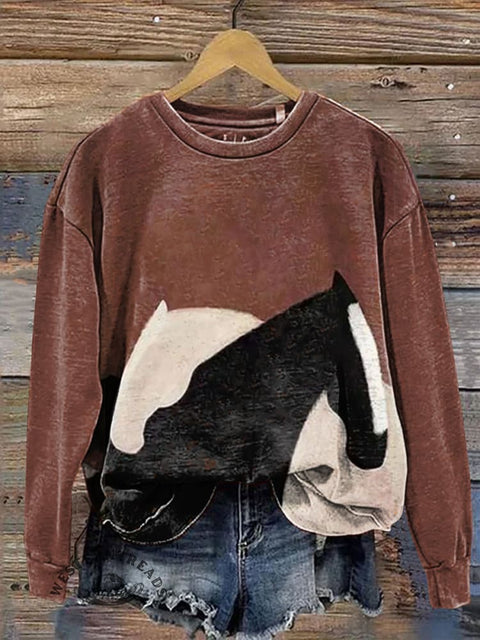Retro Horse Pattern Print Casual Cotton Sweatshirt