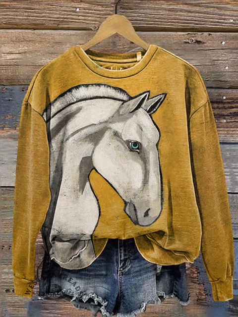 Retro Horse Pattern Print Casual Cotton Sweatshirt