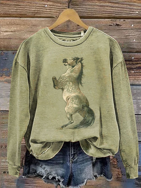 Retro Horse Pattern Print Casual Cotton Sweatshirt