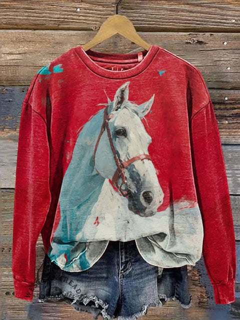 Retro Horse Pattern Print Casual Cotton Sweatshirt