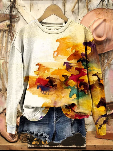 Retro Horse Art Print Casual Cotton Sweatshirt