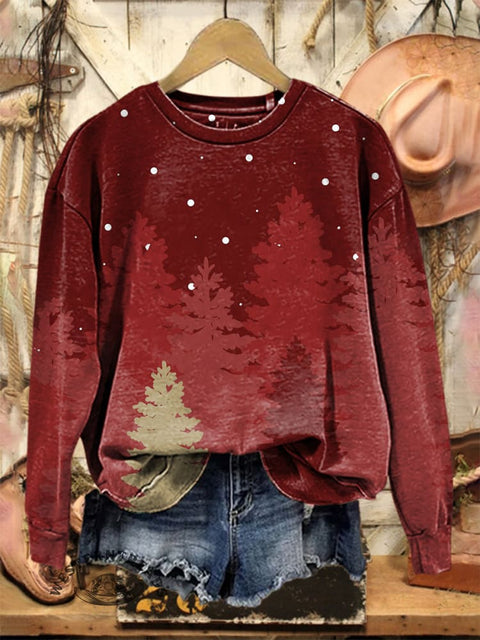 Retro Christmas Tree Art Print Casual Cotton Sweatshirt