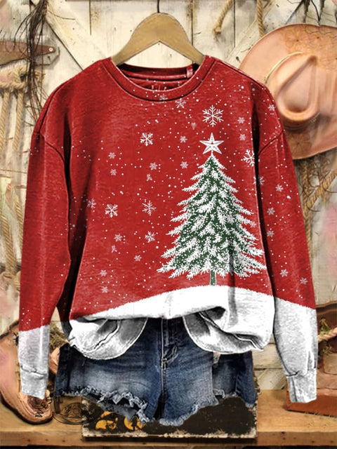 Retro Christmas Tree Art Print Casual Cotton Sweatshirt