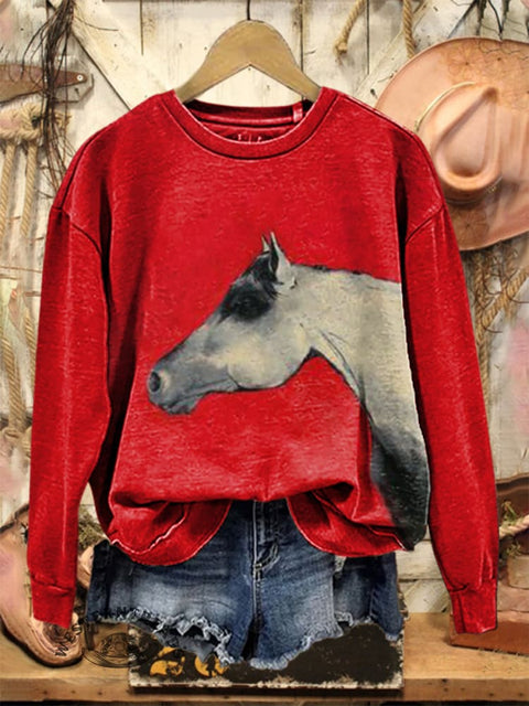 Retro Horse Art Print Casual Cotton Sweatshirt