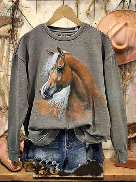 Retro Horse Art Print Casual Cotton Sweatshirt