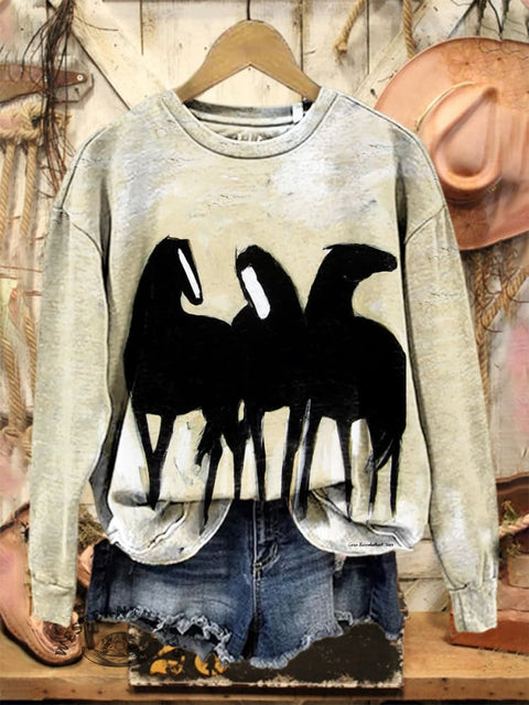 Retro Horse Art Print Casual Cotton Sweatshirt