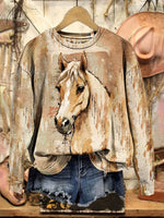 Retro Horse Art Print Casual Cotton Sweatshirt