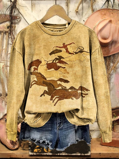 Retro Horse Art Print Casual Cotton Sweatshirt