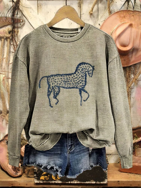 Retro Horse Art Print Casual Cotton Sweatshirt