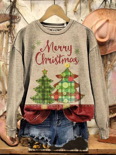 Retro Christmas Tree Art Print Casual Cotton Sweatshirt