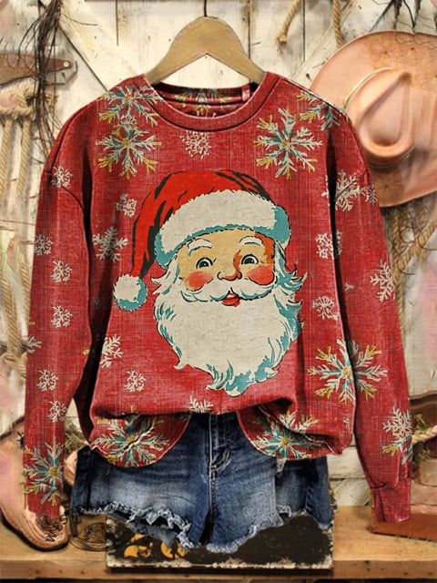 Retro Christmas Santa Claus Art Print Casual Cotton Sweatshirt