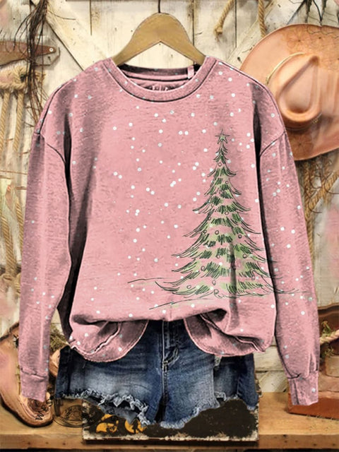 Retro Christmas Tree Art Print Casual Cotton Sweatshirt