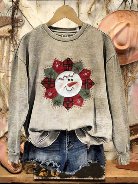 Retro Christmas Snowman Art Print Casual Cotton Sweatshirt