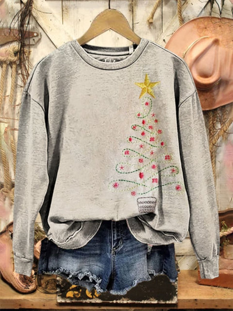 Retro Christmas Tree Art Print Casual Cotton Sweatshirt