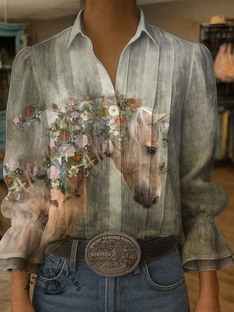 Women's Horse Print Casual Cotton And Linen Shirt