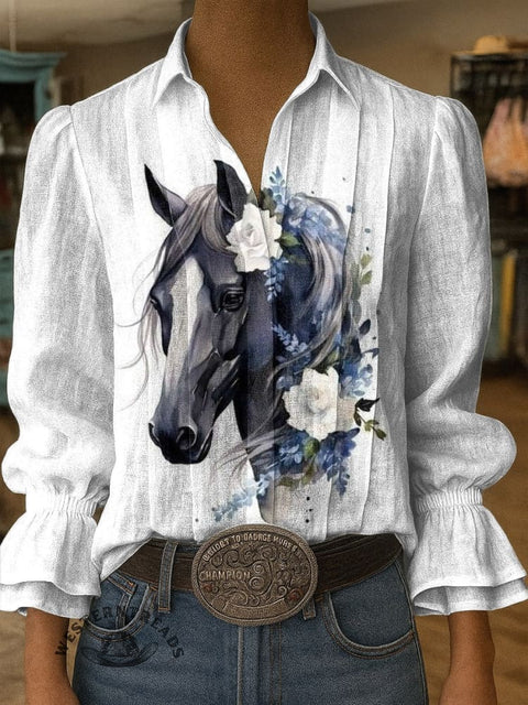 Women's Horse Print Casual Cotton And Linen Shirt
