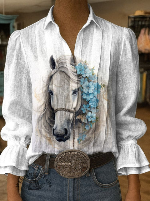 Women's Horse Print Casual Cotton And Linen Shirt