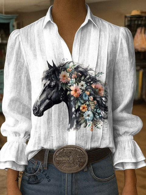 Women's Horse Print Casual Cotton And Linen Shirt