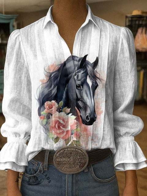 Women's Horse Print Casual Cotton And Linen Shirt