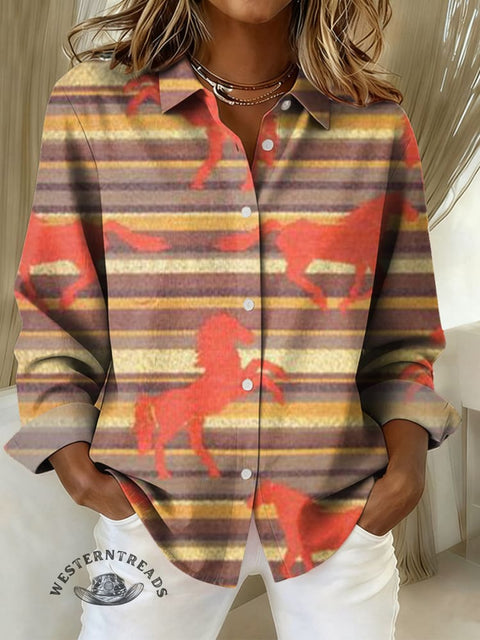 Women's Striped Horse Print Casual Cotton Shirt
