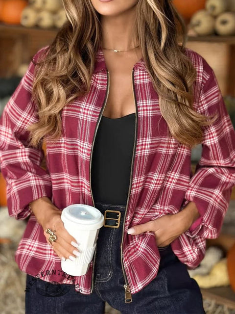 Plaid Print Casual Zip Sweatshirt
