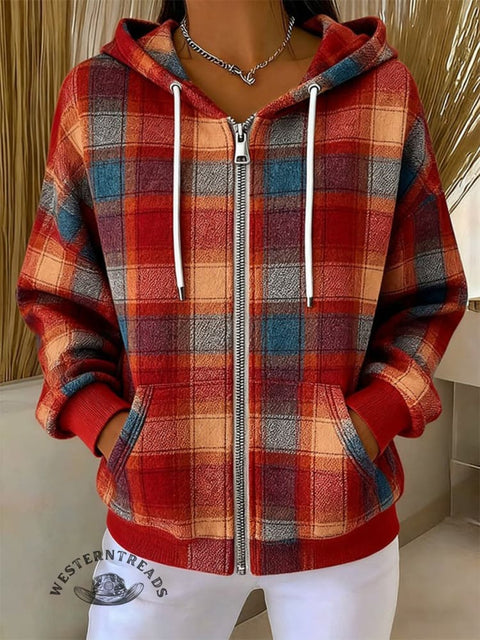 Retro Plaid Print Casual Zip Hoodie Sweatshirt