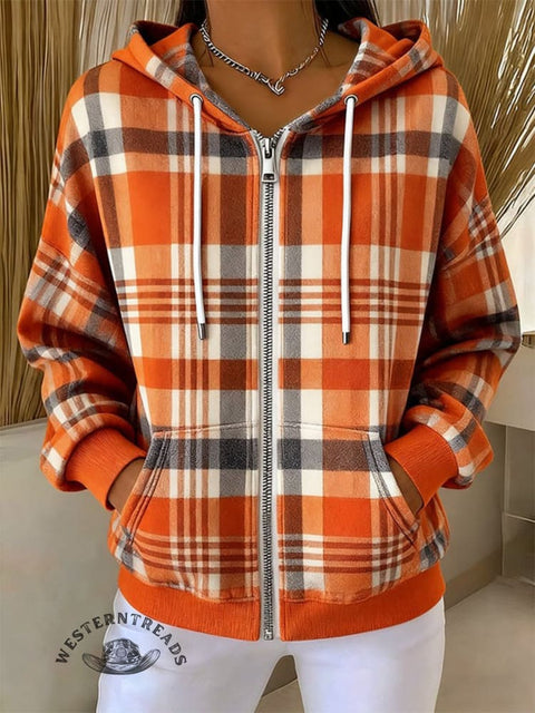 Retro Plaid Print Casual Zip Hoodie Sweatshirt