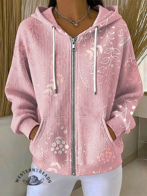 Retro Print Casual Zip Hoodie Sweatshirt