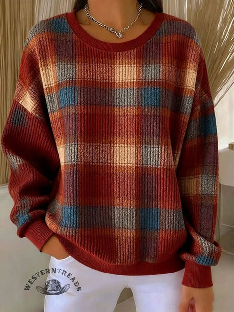 Retro Plaid Print Casual Cotton Sweatshirt