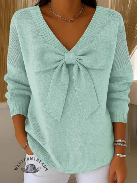 Bow Knit V-neck Pullover Sweater
