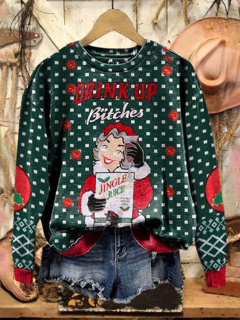 Retro Christmas Art Print Casual Cotton Sweatshirt